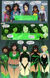    america_chavez belt breast_expansion cleavage comic dark_skin dialogue empty_eyes enemy_conversion glowing glowing_eyes green_lipstick ironheart leotard marvel_comics ms._marvel muscle_girl polmanning quake_(marvel) speech_bubble spider-gwen spiral standing standing_at_attention tech_control thigh_boots thong 