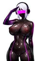  ai_art bodysuit cameltoe drone erect_nipples erect_nipples_under_clothes face_mask faceless female_only femsub headphones large_breasts latex nipples rubber saluting see-through short_hair solo standing standing_at_attention sweat tech_control tight_clothing visor weirge_(generator) wet white_background white_hair 