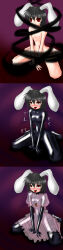  ahegao animal_ears aura before_and_after black_hair blush bodysuit bunny_ears dress empty_eyes female_only kneeling latex necklace nude red_eyes see-through short_hair small_breasts solo tewi_inaba text tongue_out touhou transformation 