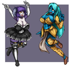 abs alien_girl arms_above_head ayuko_(jcroth) blue_hair blue_skin boots brown_eyes cleavage drool empty_eyes female_only femsub furry gloves goat_girl happy_trance horns indeedee josuedu large_breasts loincloth long_hair lum maid midriff nintendo oni_girl open_mouth opera_gloves original pokemon pokemon_(creature) posing princess purple_hair short_hair thick_thighs thigh_boots thighhighs thighs tiger_print tongue tongue_out urusei_yatsura v zipper