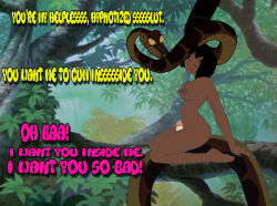 aged_up bottomless breasts closed_eyes femsub genderswap good_sub_conditioning happy_trance kaa large_breasts maledom mowgli nude penis text the_jungle_book thighjob topless waqqed_(manipper)