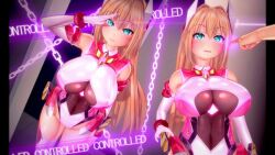  3d bare_shoulders before_and_after blonde_hair blue_eyes blush bow_tie breasts chains cyan_eyes dazed erect_nipples erect_nipples_under_clothes expressionless eye_roll femsub gloves glowing high_heels huge_breasts koikatsu! large_breasts leotard long_hair maledom moawi1 navel opera_gloves saluting see-through standing standing_at_attention text thick_thighs thighhighs underboob 