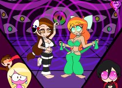  ahoge alternate_costume bare_shoulders barefoot blonde_hair blush bow brown_eyes brown_hair charlotte_emily cleavage clothed crossover dancer drool earrings eyebrows_visible_through_hair eyelashes femsub five_nights_at_freddy's freckles green_eyes happy_trance harem_outfit heart_eyes hypnoscream hypnotized_hypnotist jessica_(fnaf) john_(fnaf) large_breasts long_hair looking_at_viewer mask midriff multicolored_hair multiple_girls multiple_subs navel nosebleed open_mouth orange_hair pants penny_polendina puppet_(fnaf) ring_background ruby_rose rwby simple_background spiralwash_eyes watermark wide_hips yuri 