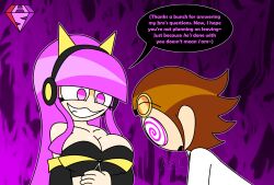  bare_shoulders brown_hair cat_ears cleavage collarbone english_text eyebrows_visible_through_hair eyelashes fake_animal_ears fangs femdom goggles gradient_background headphones hypnoscream hypnotic_breasts ic-313n internecion_cube lab_coat leaning_forward long_hair malesub max_(internecion_cube) open_mouth pink_eyes pink_hair purple_background short_hair smile smug speech_bubble spiralwash_eyes straight-cut_bangs surprised undressing 