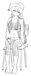 absurdres barefoot blush chair coin dazed empty_eyes etlabsotwe expressionless feet female_only femsub greyscale hat jacket long_hair midriff open_mouth pendulum sitting sketch