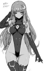 corruption femsub greyscale leotard long_hair monochrome patchouli_knowledge sketch text thighhighs touhou traditional