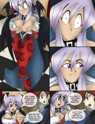  akuoreo alternate_hairstyle breast_fondling breast_grab breasts capcom choker cleavage comic darkstalkers demitri_maximoff demon demon_boy demon_girl dialogue english_text eye_color_change feminization femsub grey_hair hair_color_change holding_breasts huge_breasts jon_talbain leggings legs maledom monster monster_boy monster_girl purple_eyes red_eyes resisting shrunken_irises slit_pupils speech_bubble succubus tail text transgender vampire very_long_hair werewolf werewolf_girl wings 
