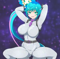  absurdres blue_hair bodysuit breasts corruption cure_spicy delicious_party_precure empty_eyes enemy_conversion evil_smile female_only femsub green_eyes huge_breasts kokone_fuwa magical_girl notraider possession precure side_ponytail smile solo squatting vicebossjon 