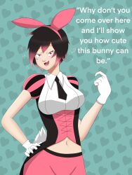  absurdres black_hair breasts bunny_ears bunny_girl bunnysuit clothed fake_animal_ears fake_tail femsub hand_on_hip happy_trance heart heart_eyes large_breasts midriff multicolored_hair pink_eyes pink_hair ruby_rose rwby short_hair syas-nomis symbol_in_eyes text tie 