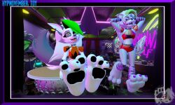 3d animal_ears feet femdom femsub five_nights_at_freddy&#039;s five_nights_at_freddy&#039;s:_security_breach foot_focus furry huge_feet loona_(helluva_boss) multiple_girls non-human_feet open_mouth roxanne_wolf spiral_eyes tagme tail tongue_out wolf_girl