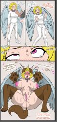  absurdres ahegao angel angel_girl bare_breasts bare_legs before_and_after blonde_hair blush breast_expansion breasts collar dialogue dog_ears dog_girl dog_pose english_text erect_nipples eye_color_change eye_roll femsub gloves green_eyes heart hypnotic_accessory large_breasts m_legs maledom nipples open_mouth paws pet_play pink_eyes pussy pussy_juice ryu34 scared sequence short_hair sneakers squirting tail tech_control text thighhighs tongue tongue_out wings 