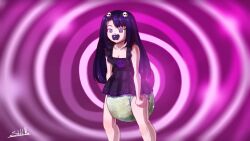  age_regression black_hair brain_drain diaper dress hair_ornament long_hair original pacifier scat sketchmandl spiral_background spiral_eyes 