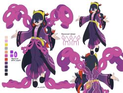 alternate_costume alternate_hairstyle black_hair carmine_(pokemon) chains clothed coat empty_eyes english_text eye_color_change femsub floating headband horns long_hair malignant_chain mildmarshmellow mole multicolored_hair nintendo pecharunt pokemon pokemon_scarlet_and_violet ponytail possession purple_eyes red_hair reference_sheet smile text