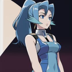  ai_art bare_shoulders blue_eyes blue_hair clair collar earrings empty_eyes expressionless femsub leotard nintendo pokemon pokemon_gold_silver_and_crystal ponytail standing_at_attention tech_control 