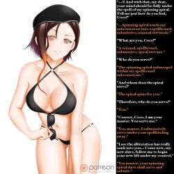 bikini breasts brown_hair cleavage coco_adel female_only femsub ghost13_(writer) happy_trance hat icontrol_(manipper) kimmy77 large_breasts leaning_forward manip navel rwby short_hair simple_background smile solo spiral_eyes sunglasses swimsuit symbol_in_eyes text white_background