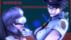  3d amateurthrowaway animated animated_gif bayonetta bayonetta_(series) black_hair breasts clothed dazed female_only femdom femsub ghost_in_the_shell glasses large_breasts long_hair mole motoko_kusanagi open_mouth police_uniform purple_hair short_hair smile source_filmmaker tech_control text tie tongue topless visor yuri 