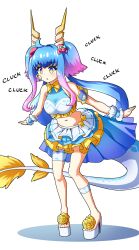  blue_hair chicken_pose dragalia_lost dragon_girl etlabsotwe expressionless female_only femsub high_heels horns multicolored_eyes multicolored_hair pet_play sandals siren_(dragalia_lost) tail text twintails 