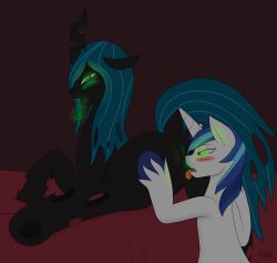 animals_only blush cunnilingus cyan_hair femdom glowing glowing_eyes green_hair hooves horns horse long_hair malesub my_little_pony non-human_feet oral pussy_juice queen_chrysalis shining_armor tongue tongue_out unicorn