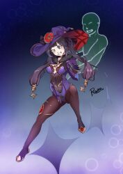  black_hair breast_grab clothed crotch_rub femsub genshin_impact ghost gradient_background hat long_hair masturbation mona_(genshin_impact) possession risunsfw smile tagme 