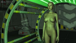  3d bald balthazarbludd barcode breasts choker cleavage collarbone erect_nipples expressionless female_only femsub large_breasts navel original solo standing standing_at_attention thick_thighs 