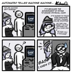  absurdres androgynous_sub blue_hair brain_dead_retail_(series) brain_drain comic dialogue humor kilroylucy18 nessi_(kilroylucy18) suit text 