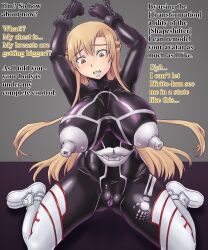 anus asuna blonde_hair bondage boots breasts chains corruption dialogue discolored_nipples female_only femsub huge_breasts huge_nipples knee-high_boots latex long_hair mahou-ya nightmare_fuel open_mouth pussy solo sword_art_online text topless