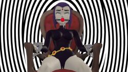  3d animated animated_gif ball_gag bondage breasts chains chair clothed dc_comics drool female_only femsub gag grey_skin purple_hair raven short_hair source_filmmaker spiral spiral_eyes super_hero supercasket symbol_in_eyes teen_titans 