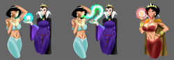  aladdin_(series) arm_bands before_and_after black_hair cape corruption crown femdom femsub glowing_eyes grimhilde harem_outfit magic ongcs123 princess_jasmine snow_white_and_the_seven_dwarfs 