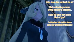 aware blonde_hair clothed cynthia dialogue english_text female_only grey_eyes hair_covering_one_eye mustardsauce pokemon pokemon_(anime) solo text 