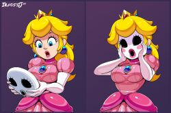  before_and_after blonde_hair corruption crown dress female_only femsub hypnotic_accessory imadeej jewelry latex mask nintendo princess princess_peach shyguy super_mario_bros. unaware 