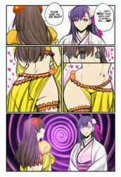  absurdres ai_art ass blush border breasts brown_hair comic consensual dancer dancing earrings english_text fate/grand_order fate_(series) female_only femdom femsub flower flower_in_hair garter grey_eyes hair_ornament harem_outfit heart hellsing002_(generator) hypnotic_dance jewelry kimono lady_kasuga large_breasts long_hair mata_hari_(fate/grand_order) midriff navel purple_eyes purple_hair ribbon see-through simple_background speech_bubble spiral_background spiral_eyes sweat thigh_gap white_background 