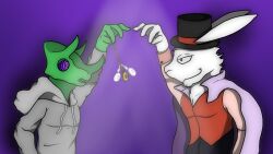  bunny_boy caine_latrans cape chameleon_boy clothed furry hoodie lizard_boy magician male_only maledom malesub open_mouth original pendulum pocket_watch scalie self_hypnosis smug spiralwash_eyes stage_hypnosis story sven_(caine_latrans) symbol_in_eyes thaddeus_(casterborous) top_hat 