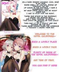  breasts bunny_ears bunnysuit caption cleavage cuffs fake_animal_ears fancyaddiction_(manipper) femdom large_breasts looking_at_viewer manip pink_hair pov pov_sub smile text 