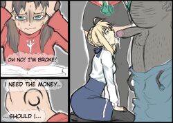  absurdres ahoge aimazero artoria_pendragon balls blonde_hair braid breasts brown_background brown_hair clothed comic command_seal cum cum_in_mouth cum_on_clothes cum_on_face dark_skin empty_eyes english_text erection expressionless fate/stay_night fate_(series) femdom femsub green_eyes hair_ribbon heterosexual hypnotic_magic kneeling light_skin long_skirt magic money multiple_girls nude open_mouth oral penis prostitution ribbon rin_tohsaka saber sex short_skirt simple_background skirt small_breasts sweat text thighhighs thought_bubble tongue tongue_out twintails ugly_bastard 