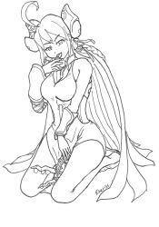  ahoge alternate_costume bare_shoulders barefoot breasts clothed corruption crotch_rub cygames dragalia_lost dress evil_smile feet femsub greyscale horns kneeling lheriss looking_at_viewer masturbation morsayati nintendo possession royalty sexually_suggestive simple_background simulated_fellatio simulated_paizuri smile staff very_long_hair white_background zethia 