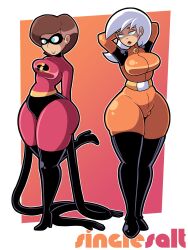 arms_above_head blue_eyes bodysuit brown_hair cameltoe cartoon_network clothed disney elastigirl expressionless female_only femsub heavy_eyelids helen_parr huge_ass large_breasts large_hips latex legs_up long_hair mask milf multiple_girls multiple_subs posing short_hair simple_background spiral super_hero tagme the_incredibles thighhighs white_hair