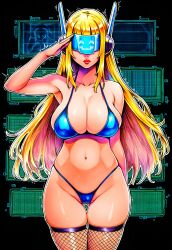 ai_art antenna bikini blonde_hair body_control cameltoe display expressionless femsub fishnets headphones hellsing002_(generator) large_breasts lipstick long_hair makeup saluting smile tech_control thong trembling visor