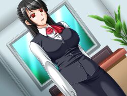 black_hair breasts drool empty_eyes expressionless femsub large_breasts long_hair office_lady open_mouth red_eyes saiminjutsu_wo_te_ni_ireta standing standing_at_attention 