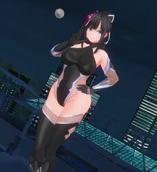  3d before_and_after black_hair blue_eyes boots breasts custom_maid_3d_2 dfish303 female_only fishnets gloves hair_ornament large_breasts leotard looking_at_viewer opera_gloves ponytail ribbon smile solo standing taimanin_(series) thigh_boots thighhighs yamato_nadeshiko 
