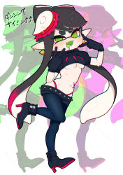 black_hair callie_(splatoon) double_v drool earrings elf_ears fangs female_only femsub gloves green_eyes hat inkling kanzakicoula leggings long_hair mole navel nintendo open_mouth posing short_shorts shorts simple_background solo spiral_eyes splatoon standing sweat tattoo text thong tongue_out underboob v