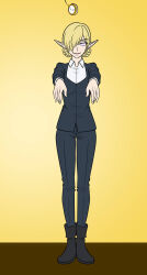 blonde_hair boots braid clothed elf_ears female_only femsub hair_bun hair_covering_one_eye happy_trance kagali_(that_time_i_got_reincarnated_as_a_slime) katsiika open_mouth pants small_breasts smile solo spiral_eyes standing that_time_i_got_reincarnated_as_a_slime zombie_walk