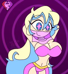  ahoge arms_above_head bare_shoulders cleavage consensual dancer eyebrows_visible_through_hair eyelashes femdom gurren_lagann harem_outfit hypnoscream hypnotic_dance large_breasts long_hair looking_at_viewer malesub midriff multicolored_eyes multicolored_hair navel nia_teppelin pink_background pov_sub royalty smile spiral_background story thighhighs thong veil watermark wide_hips 