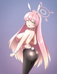  ass bare_shoulders before_and_after blue_archive braid bunny_ears bunny_girl bunnysuit choker cuffs female_only femsub gradient_background green_eyes halo hanako_(blue_archive) happy_trance heavy_eyelids large_breasts looking_at_viewer multicolored_hair nasukama73 open_mouth pantyhose pink_hair simple_background solo tail very_long_hair 