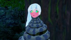 3d asphyxiation bikini blue_eyes breasts cleavage coils confused disney kaa kaa_eyes large_breasts leaning_forward leopard_print lipstick long_hair makeup mmd mrkoiru open_mouth outdoors pale_skin ponytail rwby silver_hair sitting snake the_jungle_book trees weiss_schnee
