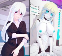  3d advertisement anal_beads before_and_after blonde_hair blue_eyes clothed dialogue dildo dress_shirt empty_eyes eyebrows_visible_through_hair female_only fembot femsub happy_trance koikatsu! long_hair looking_at_viewer meli_(rimelia) multicolored_hair nipples nude office_lady pink_eyes resisting rimelia robot_girl robotization sitting skirt smile standing tech_control text unusual_pupils white_hair 