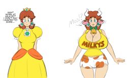  animal_ears before_and_after bimbofication blue_eyes blush breast_expansion breasts brown_hair cleavage collar cow_girl cowbell earrings femsub heart heart_eyes horns huge_breasts jewelry kobi94 large_breasts looking_at_viewer nintendo open_mouth princess princess_daisy shorts sketch standing super_mario_bros. symbol_in_eyes tank_top text transformation 