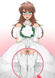  absurdres balls blush bridal_gauntlets brown_hair censored chastity choker crown dress eyebrows_visible_through_hair feminization flower gloves gradient_background green_eyes happy_trance jewelry long_hair looking_at_viewer male_only malesub necklace open_mouth original ring_eyes simple_background smile solo spiral_eyes sweat symbol_in_eyes thighhighs wedding_dress x-ray ysdo 