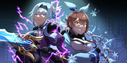  amber_(genshin_impact) blue_hair bow bow_(weapon) breasts brown_hair cleavage coat corruption electricity enemy_conversion eula_lawrence fatui_cryo_cicin_mage fatui_electro_cicin_mage female_only femsub genshin_impact japanese_text lipstick looking_at_viewer orange_eyes plum_bamboo612 purple_eyes shrunken_irises smile smirk sword text translation_request weapon 