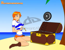 beach boots breasts erect_nipples female_only femsub jimryu kneeling large_breasts miniskirt nami_(one_piece) one_piece open_mouth orange_hair skirt spiral spiral_eyes symbol_in_eyes
