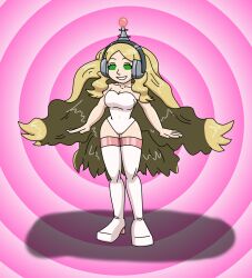 absurdres antenna blonde_hair breasts caitlin_(pokemon) female_only fembot femsub happy_trance headphones high_heels hypnotic_accessory latex long_hair nintendo pokemon pokemon_black_and_white robotization spiral_eyes supertechno324 symbol_in_eyes tech_control thighhighs very_long_hair 